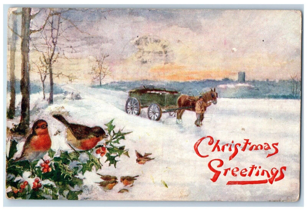 1911 Christmas Greetings Song Birds Berries Horse Wagon Oilette Tuck's Postcard