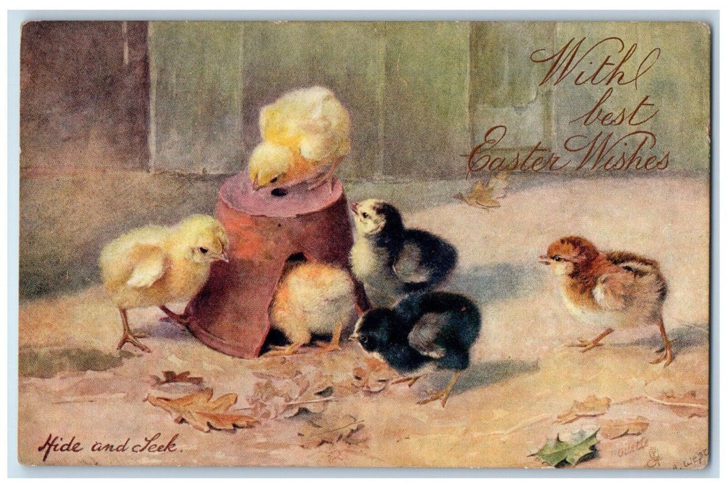 c1910's Easter Wishes Chicks Hide And Seek Oilette Tuck's Antique Postcard
