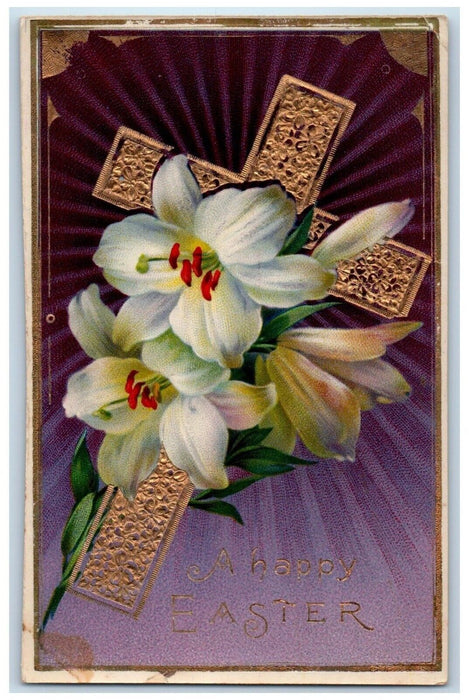 c1910's Easter Holy Cross Lily Flowers Embossed Gel Gold Gilt Antique Postcard
