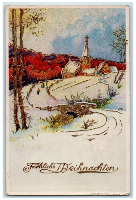 c1910's Christmas House Church Winter Germany Gel Gold Gilt Embossed Postcard