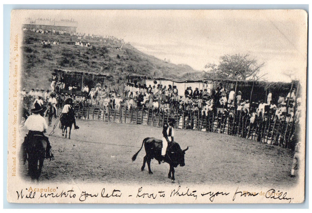 1907 Bull Riding Scene Acapulco Plaza De Toros Mexico Posted Antique Postcard