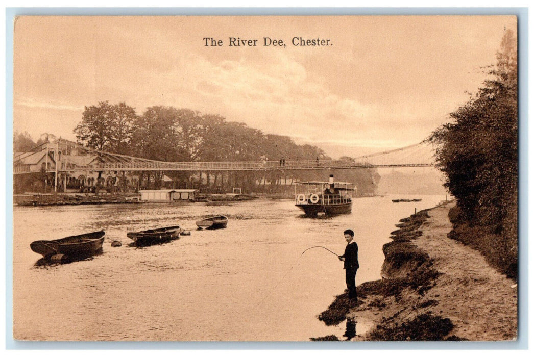 c1910 Fishing Sailboat Steamboat in The River Dee Chester England Postcard