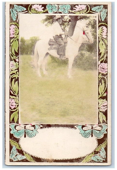 c1910's Horse Cowboy In Field Butterflies Unposted Antique RPPC Photo Postcard