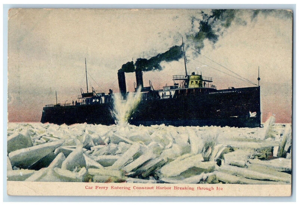 c1910's Car Ferry Entering Conneaut Harbor Breaking Through Ice Ohio OH Postcard