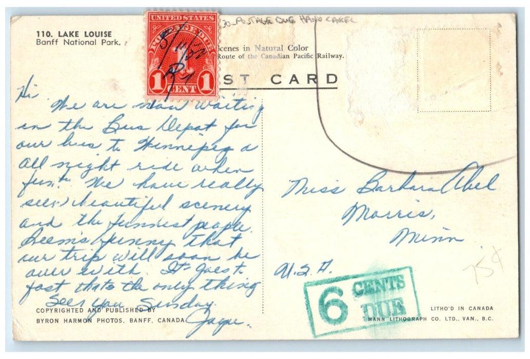 View Of Lake Louise Banff National Park Canada Postage Due Hand Cancel Postcard