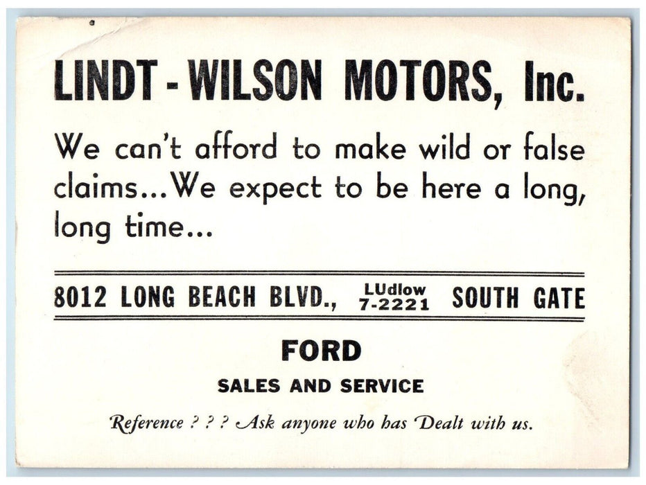 1956 Lindt Wilson Motors Inc South Gate California CA, Advertising Postcard