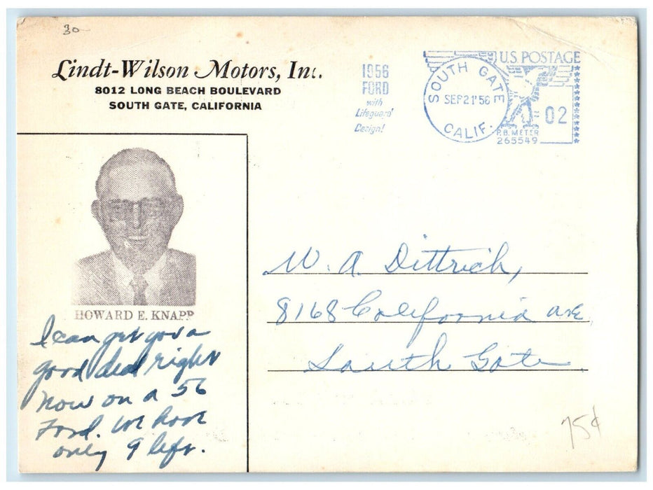 1956 Lindt Wilson Motors Inc South Gate California CA, Advertising Postcard