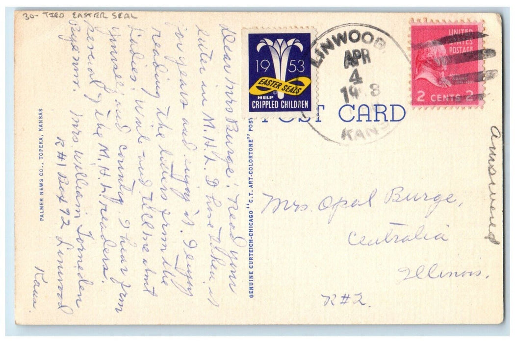 1953 Community Building Lawrence Linwood Kansas KS Tied Easter Seal Postcard