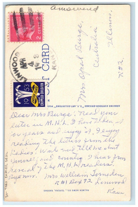 1953 Community Building Lawrence Linwood Kansas KS Tied Easter Seal Postcard