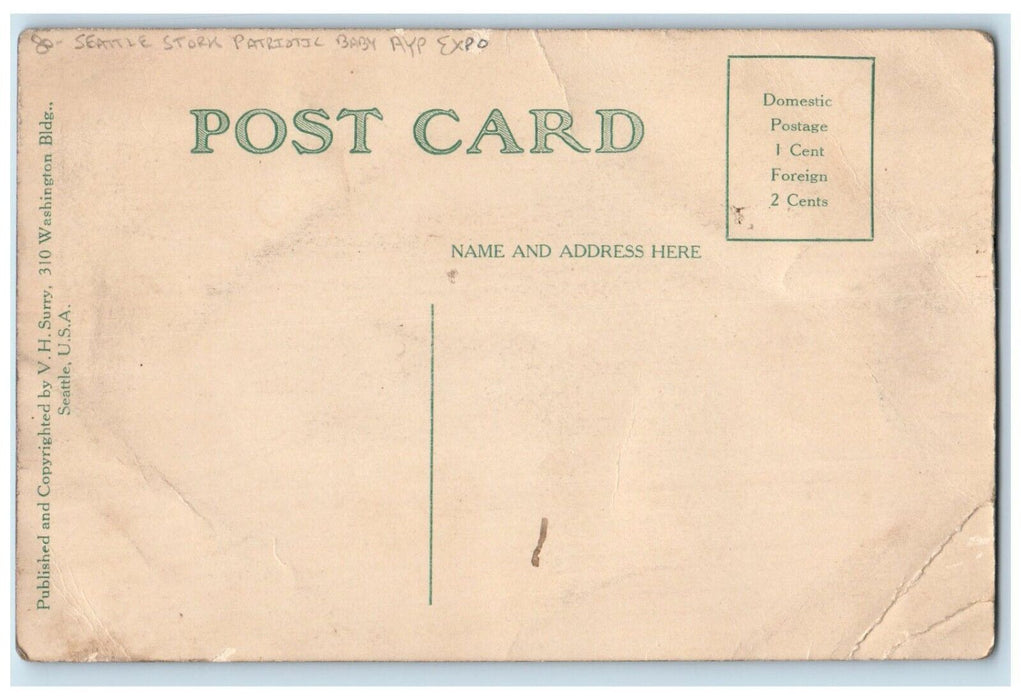 c1910's Seattle WA, Stork Patriotic Baby Ayp Exposition Antique Postcard