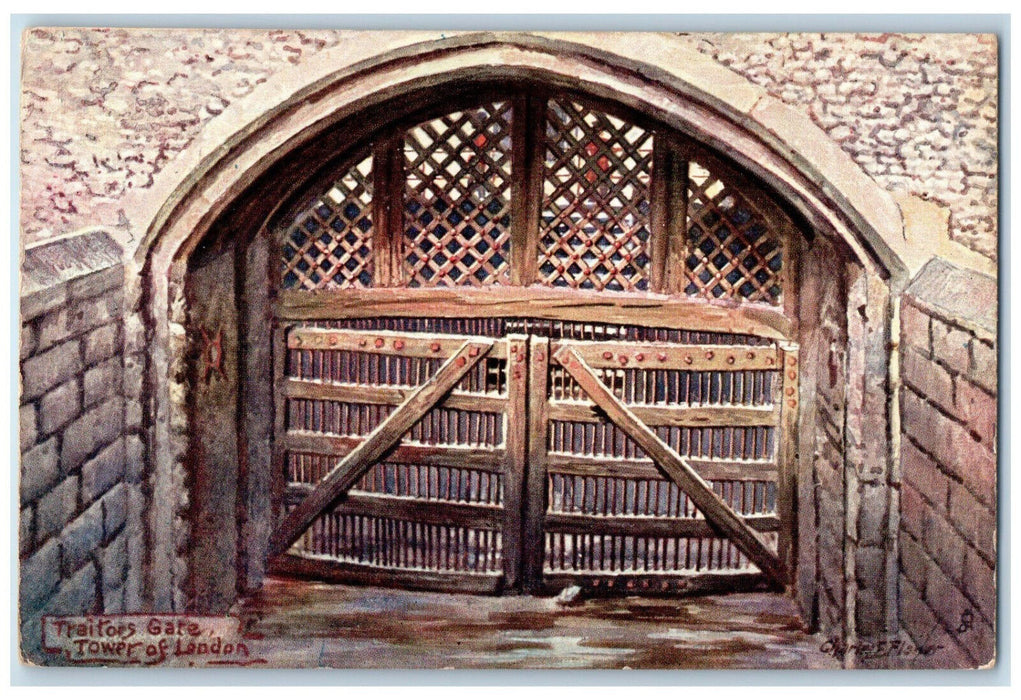 c1910 Traitors Gate Tower of London England Antique Oilette Tuck Art Postcard