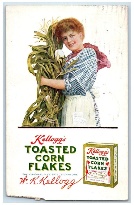 1914 Kellogg's Toasted Corn Flakes Woman Advertising Battle Creek MI Postcard