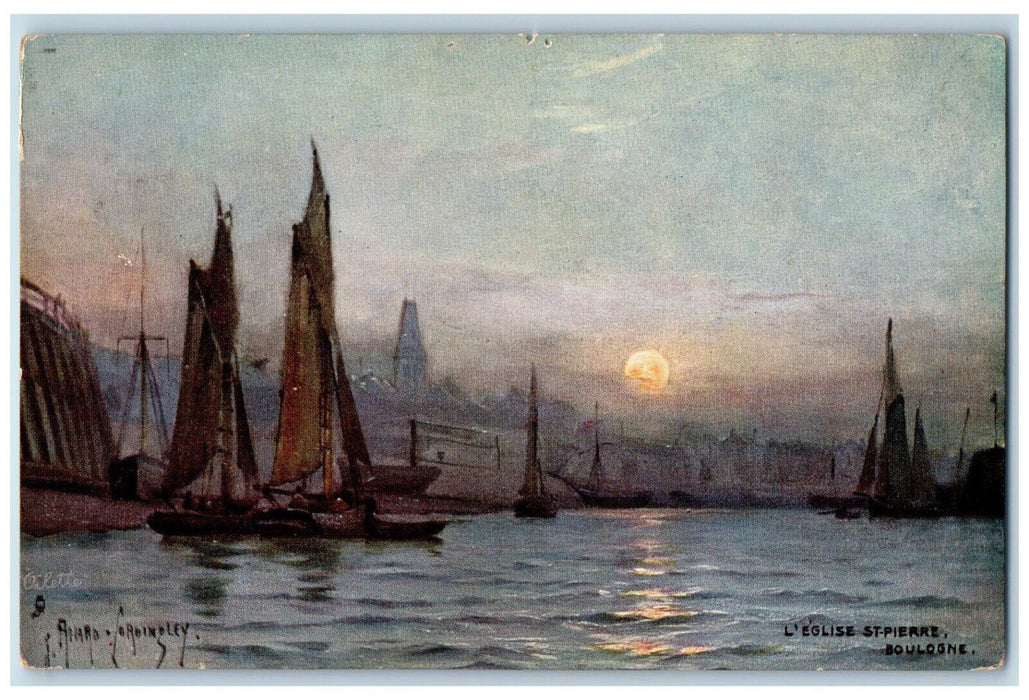 c1910 Sunset LEglise St Pierre Boulogne-sur-Mer France Oilette Tuck Art Postcard