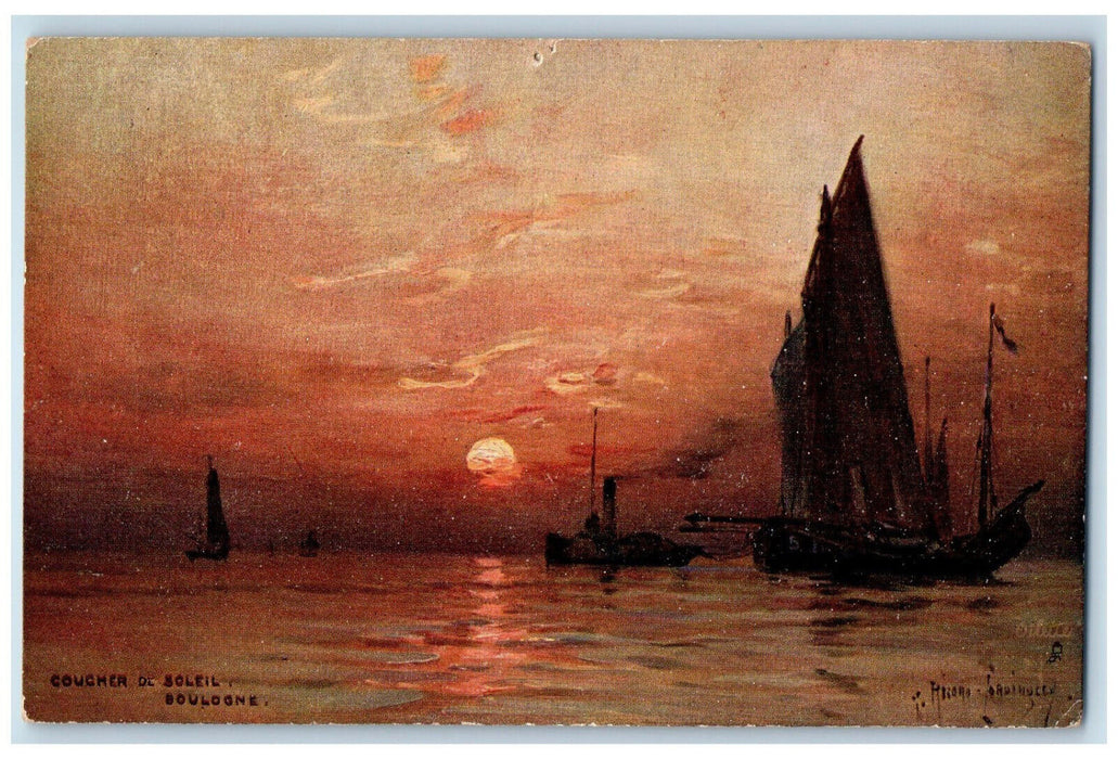 1912 Sunset Coucher De Soleil Boulogne-sur-Mer France Oilette Tuck Art Postcard