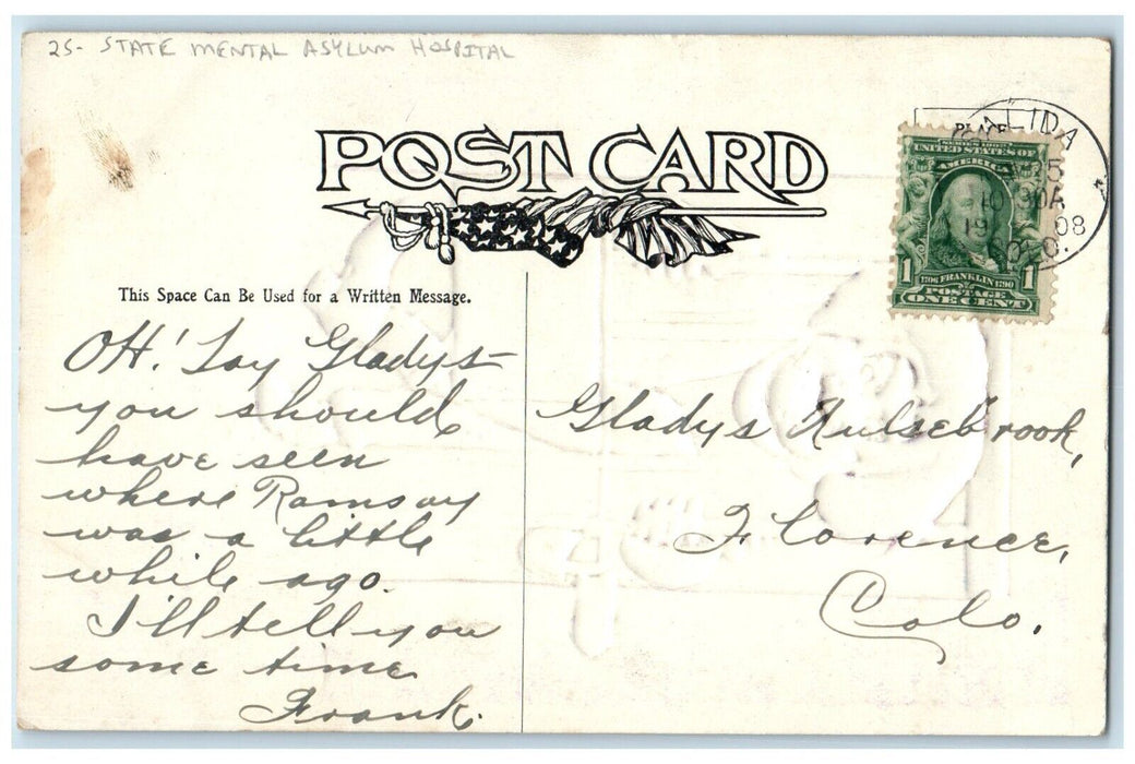 1908 State Mental State Asylum Hospital Embossed Salida Colorado CO Postcard