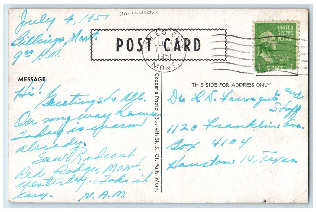 1951 Greetings From Montana, The Treasure State Cowgirl Miles City MT Postcard