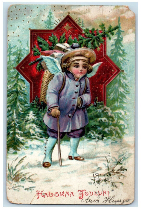 c1910's Christmas Angel Gifts In Basket Pine Trees Winter Latvia Russia Postcard