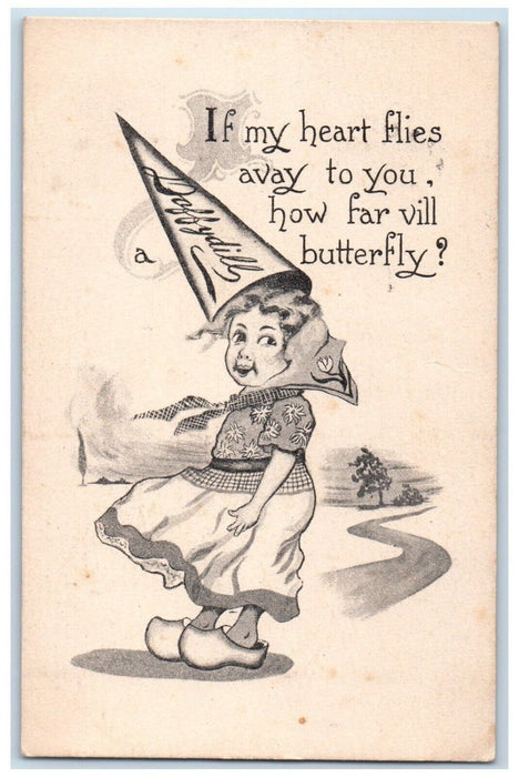 1913 Valentine Dutch Woman If My Heart Flies Away To You Onfida NY RPO Postcard