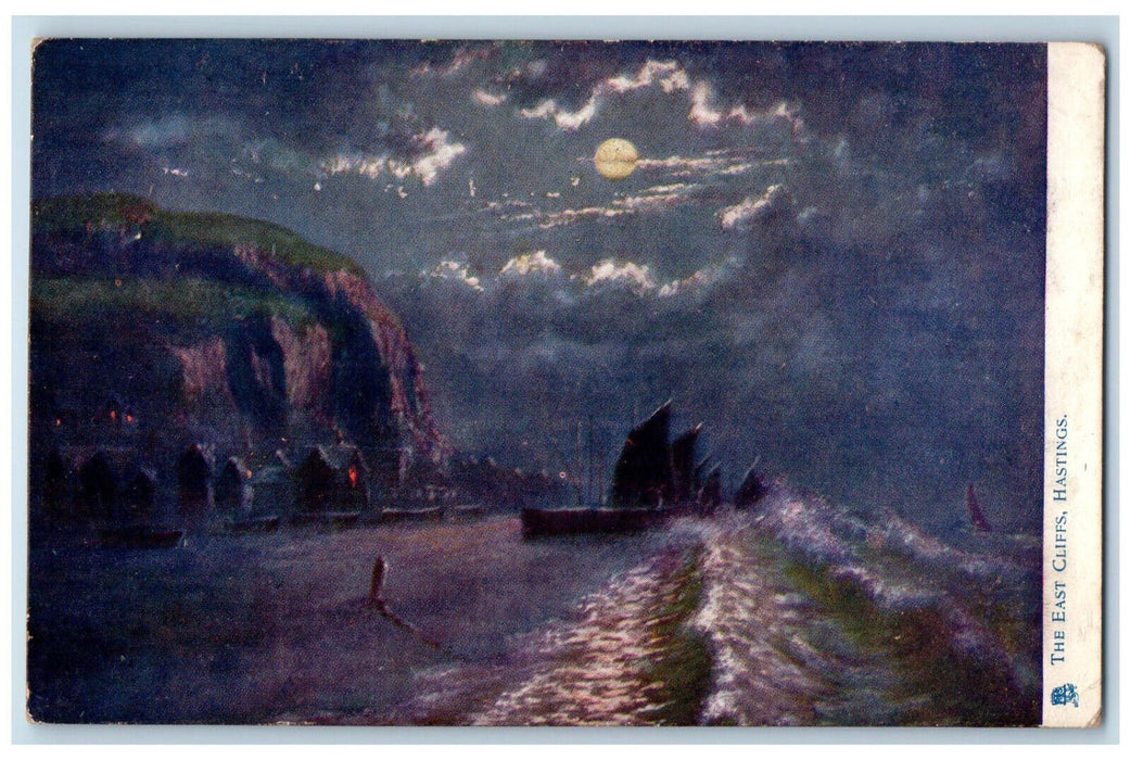 1904 The East Cliffs Hastings Moonlight Scene England Oilette Tuck Art Postcard