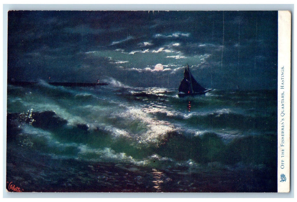 c1910 Night View Fisherman's Quarters Hastings England Oilette Tuck Art Postcard