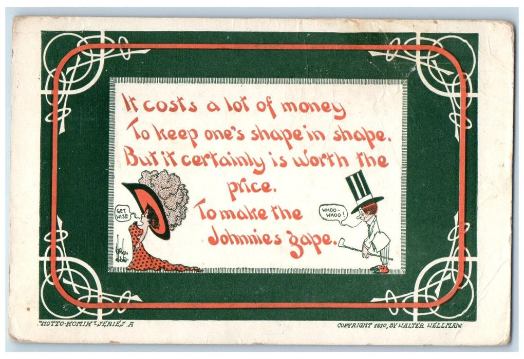 1914 Wellman Motto Woman Big Hat Get Wise Chicago Illinois IL Antique Postcard