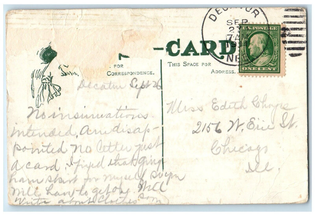 1914 Wellman Motto Woman Big Hat Get Wise Chicago Illinois IL Antique Postcard
