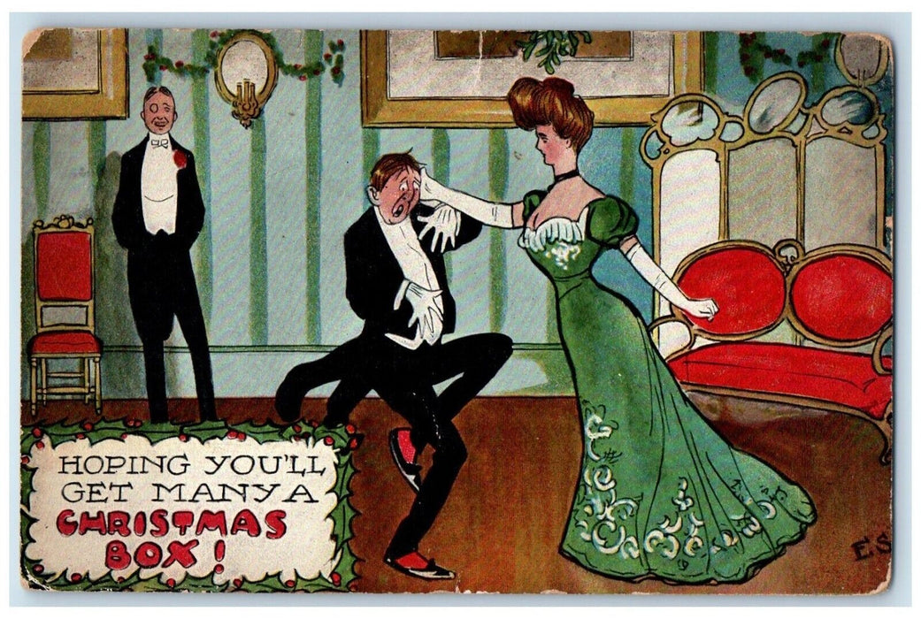 c1910's Pretty Woman Slapped Man Hoping You'll Get Many A Christmas Box Postcard