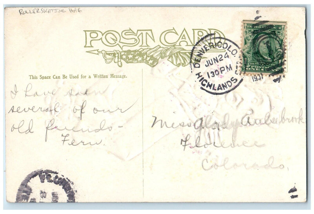 1907 Roller Skating Old Hag Highlands Denver Colorado CO RPO Embossed Postcard