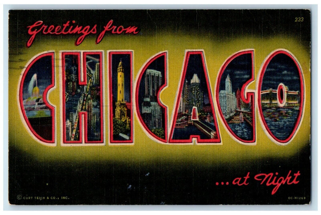 1954 Greetings From Night Chicago Illinois Big Letters Multiview Town Postcard