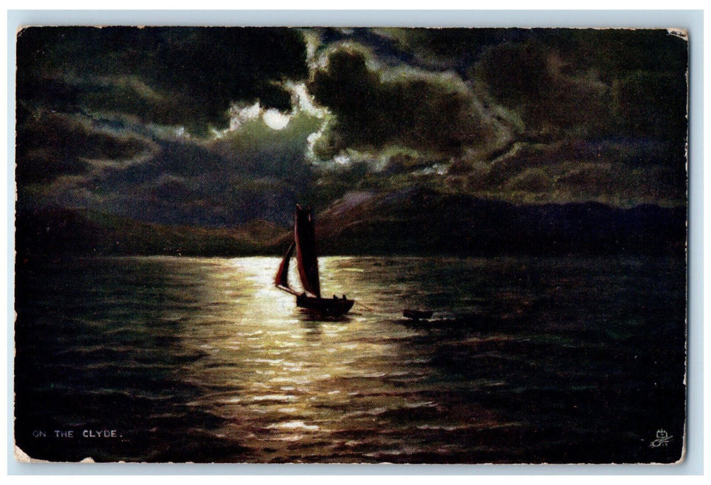 c1910 Boat On The Clyde Moonlight Seas Antique Oilette Tuck Art Postcard