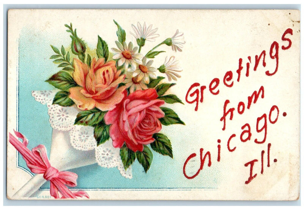 1908 Greetings From Chicago Illinois Flower Embossed Glitter IL Vintage Postcard