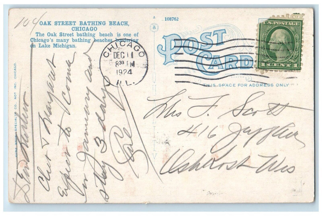 1924 Oak Street Bathing Beach Exterior Building Sand Chicago Illinois Postcard