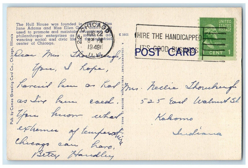1949 Hull House Miss Jane Adams Exterior Building Chicago Illinois IL Postcard