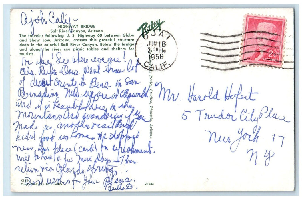 1958 Highway Bridge Globe Show Low Salt River Canyon Arizona AZ Petley Postcard