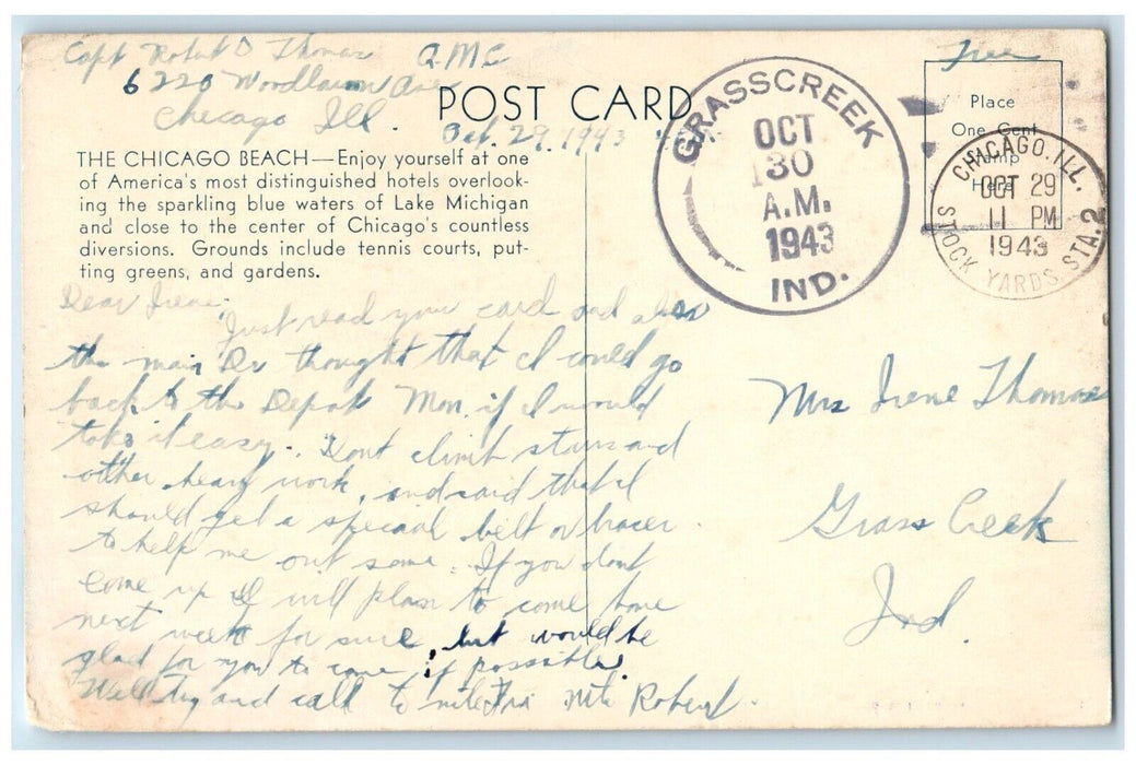 1943 Chicago Beach Hotel Street Exterior 51st At Lake Chicago Illinois Postcard