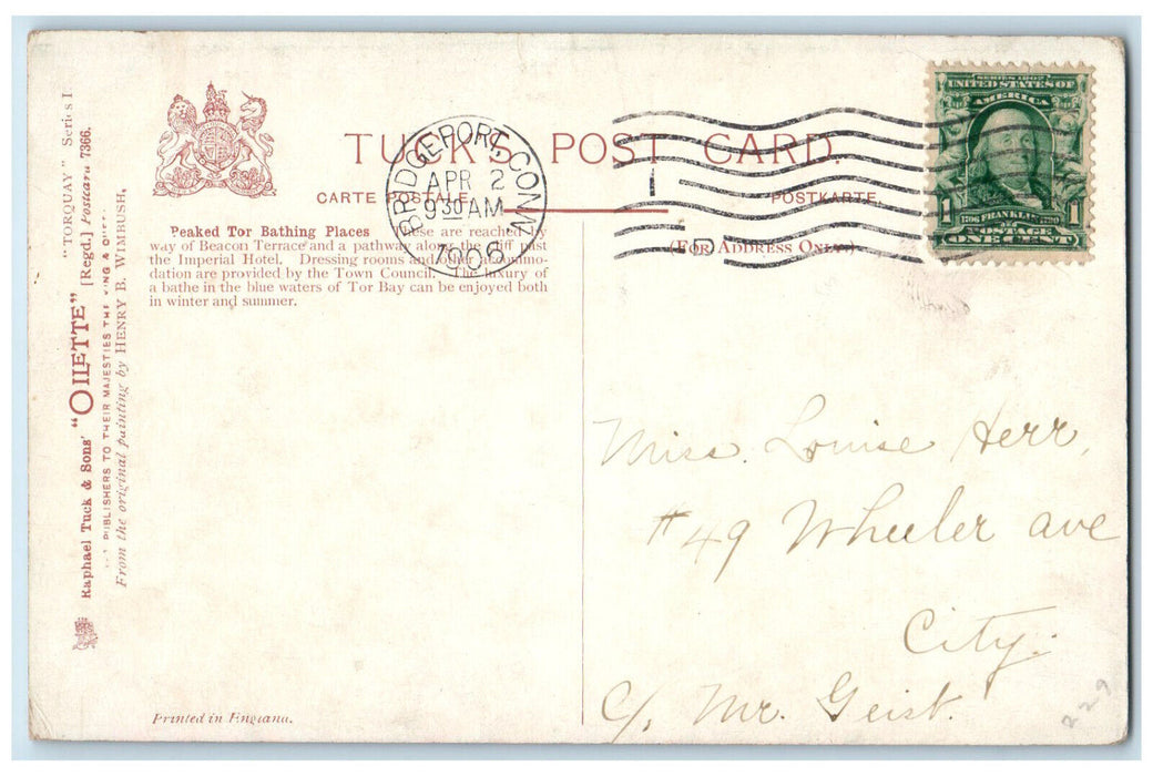 1906 Peaked For Bathing Places Torquay England Oilette Tuck Art Postcard