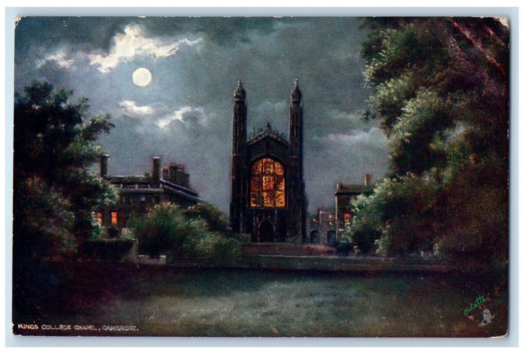 c1910 Kings College Chapel Cambridge at Moonlight Oilette Tuck Art Postcard