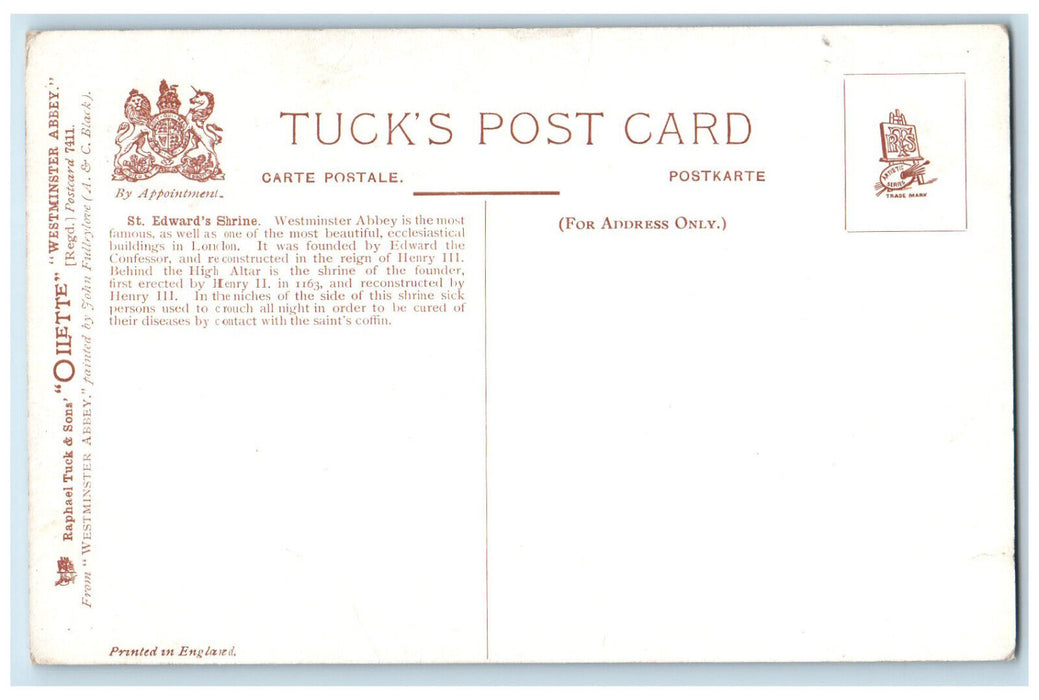 c1910 St. Edward's Shrine Westminster Abbey England Oilette Tuck Art Postcard