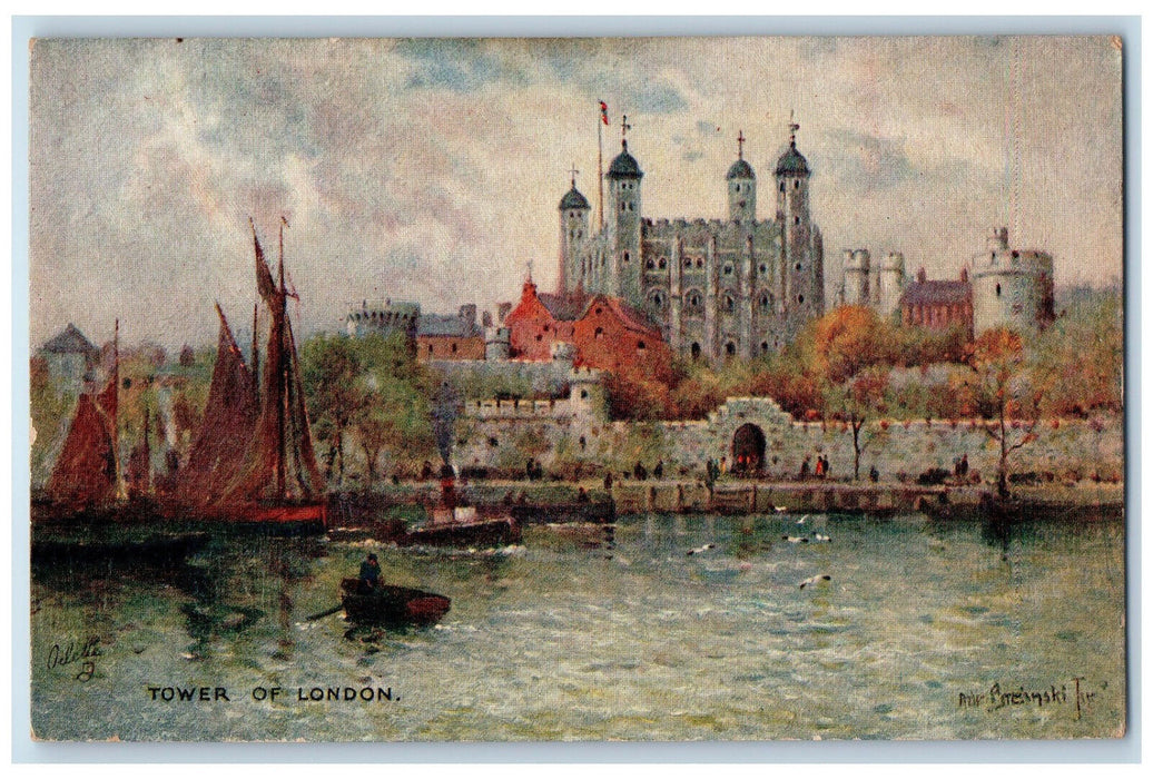 c1910 Tower of London England Boating Antique Oilette Tuck Art Postcard