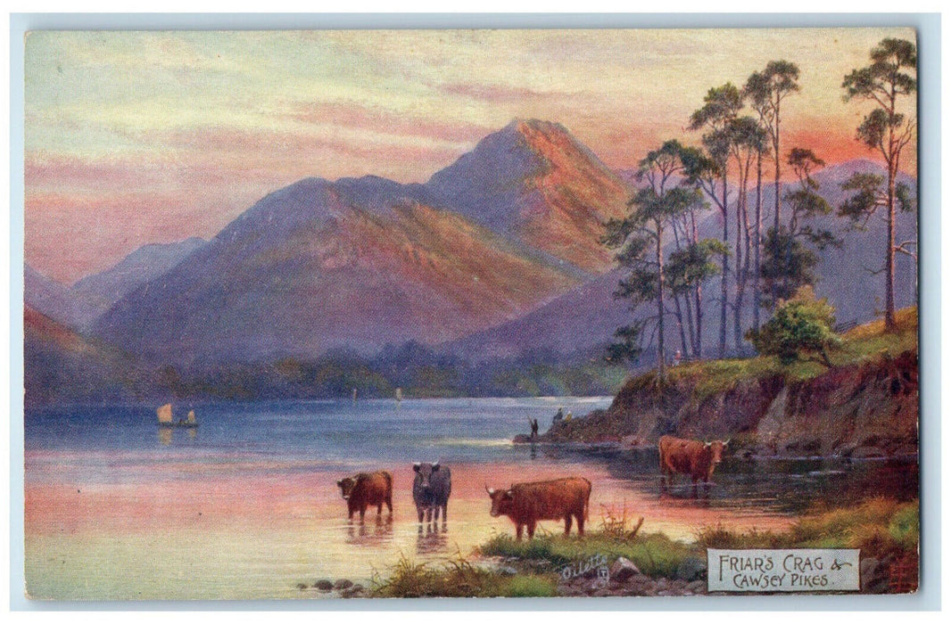 c1910 Friar's Crag & Cawsey Pikes Derwentwater England Oilette Tuck Art Postcard