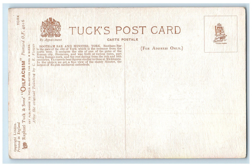 c1910 Bootham Bar & Minster York England Oilfacsim Tuck Art Postcard