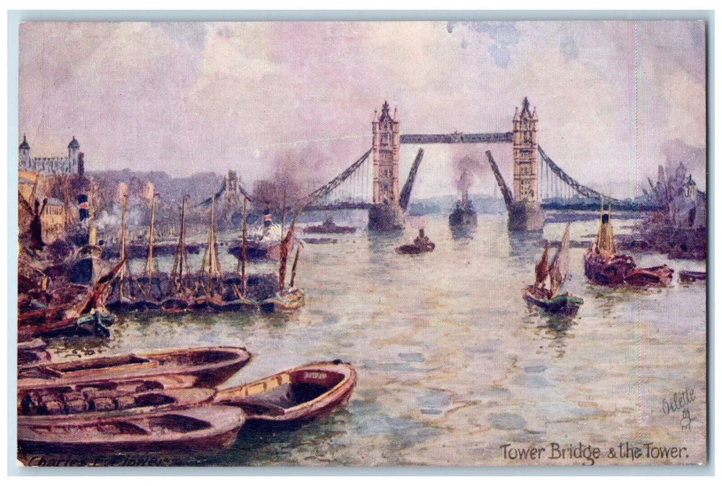 c1910 Tower Bridge & The Tower London England Oilette Tuck Art Postcard