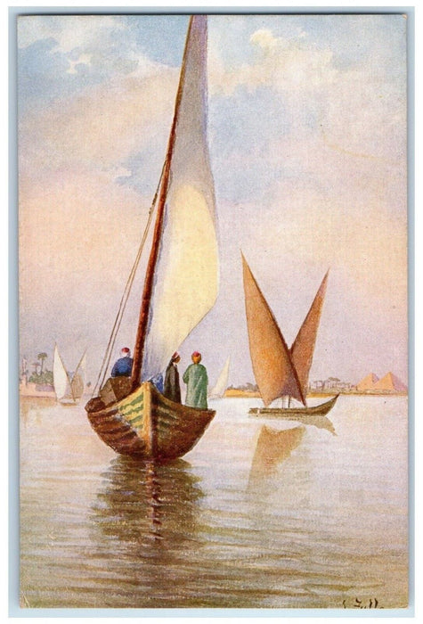 c1910's Egypt, Sailboat Scene Lake Egyptian Traditional Dress Antique Postcard