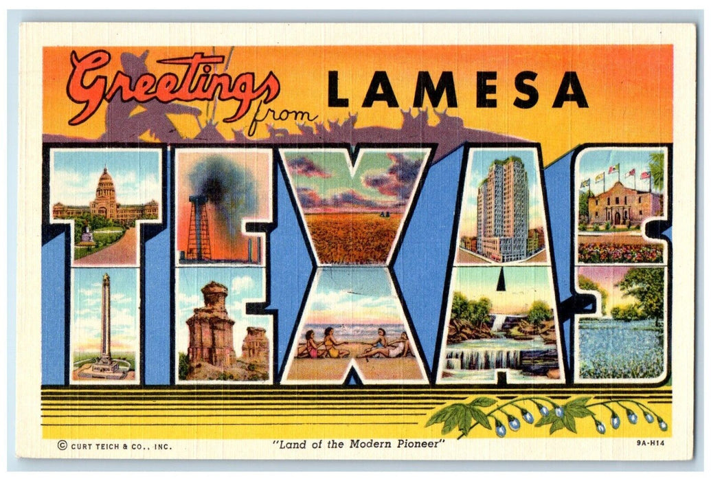 c1940 Greetings Lamesa Texas Land Modern Pioneer Big Letters TX Vintage Postcard