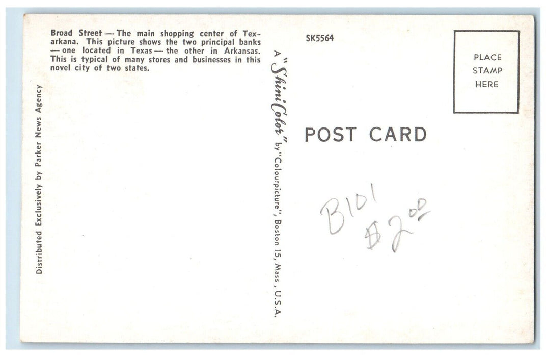 c1960 Broad Street Texarkana Arkansas Texas Business Street Novel City Postcard