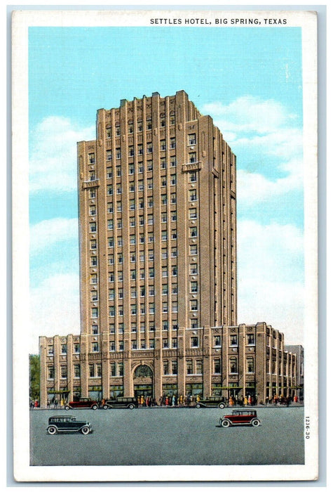 c1920 Settles Hotel Exterior Building Classic Cars Big Spring Texas TX Postcard