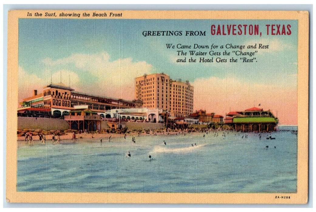 c1940 Greetings From Beach Front Surf Exterior Building Galveston Texas Postcard