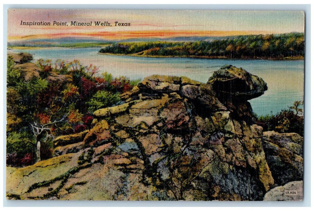1947 Inspiration Point Rock Cliff River Lake Trees Mineral Wells Texas Postcard