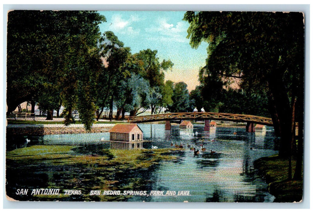c1910 San Pedro Springs Park Lake Bridge River Lake San Antonio Texas Postcard