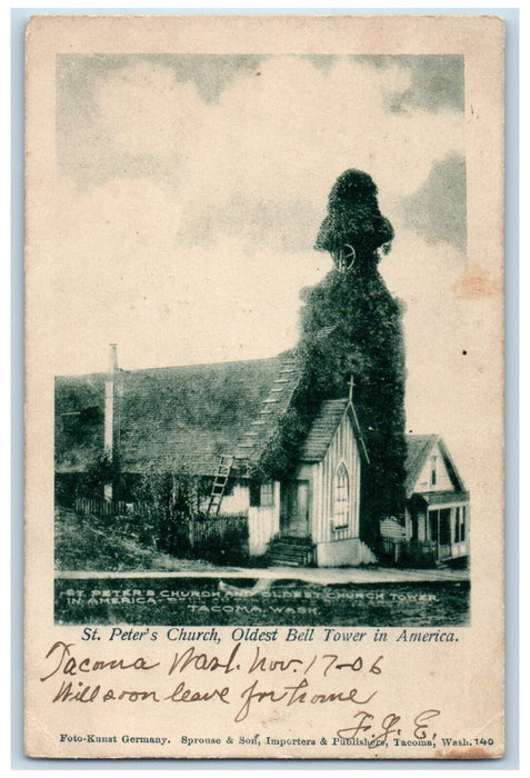 1906 St. Peter's Church Oldest Bell Tower America Tacoma Washington WA Postcard